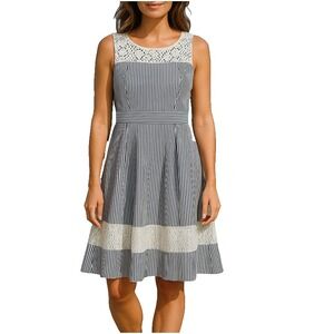 London Times Womens Dress Gray Sz US 4 Sleeveless Lace A Line Seersucker Striped